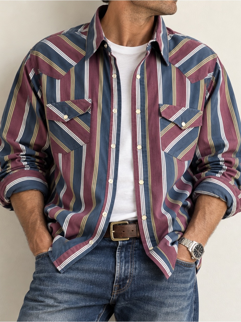 Vintage Western Pearl Snap Shirt Striped Cowboy 2XL